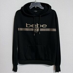 Bebe Sport Black & Gold Fleece Logo Hoodie Medium